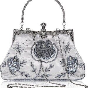 Vintage Beaded Clutch with Floral Embroidery, Sequin Rhinestone Evening Bag NEW